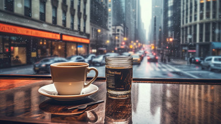 Coffee cup on the table in the city at rainy dayの素材