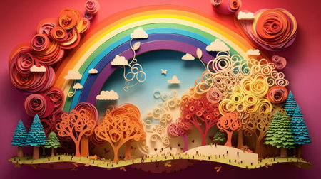 Paper art of forest with rainbow and clouds.の素材