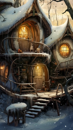 Winter fairy tale scene with wooden houses in the forest.の素材
