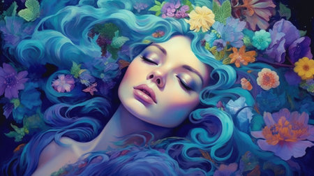 Beautiful young woman with blue hair and flowers.の素材