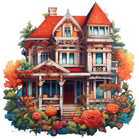 Beautiful old wooden house with red roof and flowers.の素材