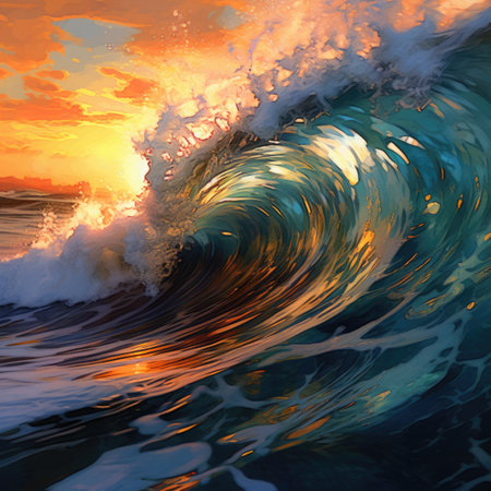 Waves crashing on the beach at sunset.の素材