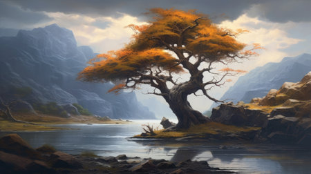 Fantasy landscape with a tree and a lake.の素材