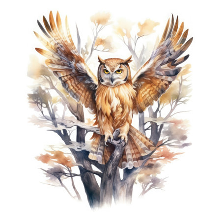 Watercolor owl sitting on a tree branch isolated on white background.の素材
