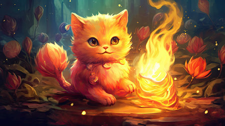 cartoon scene with cat in the forest with fireの素材