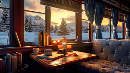 Beautiful interior of a cafe with a view on the mountains.の素材