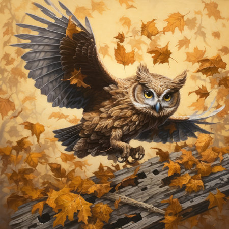 Owl flying on autumn leaves background.の素材