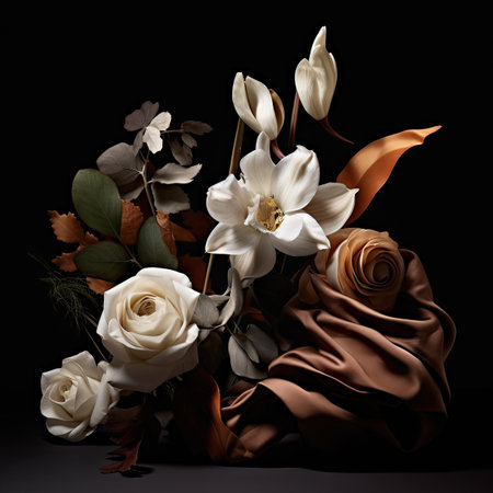 Bouquet of white and brown roses on a black background.の素材