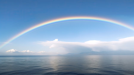 Rainbow over the sea with blue sky and cloudsの素材