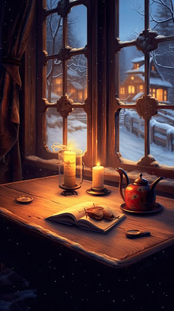 Cup of tea and book on the windowsill in the winterの素材