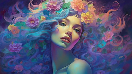 Beautiful girl with blue hair and multicolored flowers.の素材