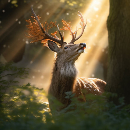 Fallow deer with antlers in the forest at sunset. Beautiful animal portrait.の素材