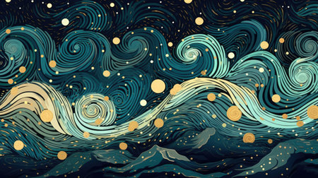 Abstract background with blue waves and gold confetti.の素材