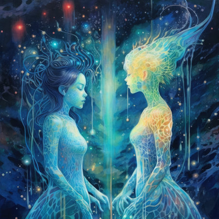 Two beautiful mermaids on a cosmic background. Fantasy illustration.の素材