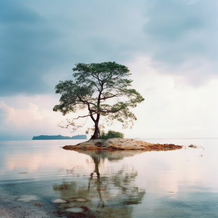 Lonely tree on a small island in the middle of the sea