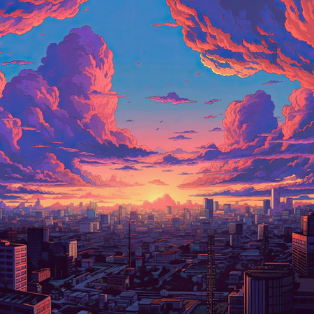 Cityscape with skyscrapers at sunset.の素材