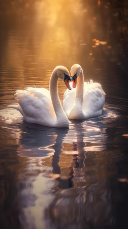 Beautiful white swans swimming on the lake at sunsetの素材