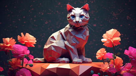 a cat sitting on a low poly background with flowersの素材