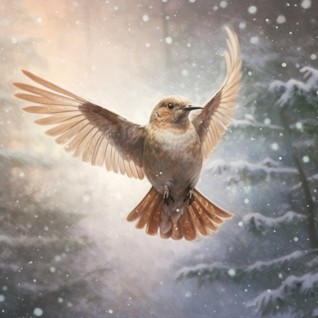Bird flying in the winter forest with snowflakes. Bird in the nature.の素材