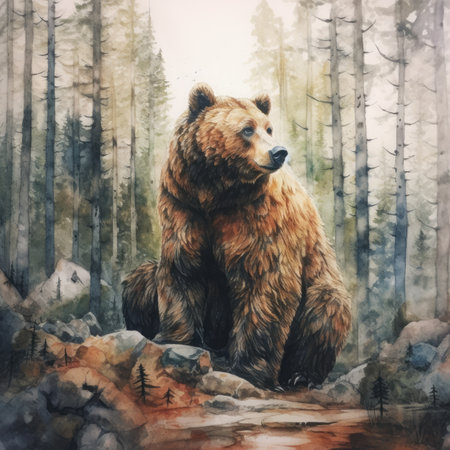 Brown bear sitting on a rock in the forest.の素材