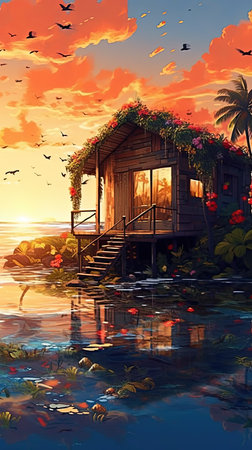 Wooden house in the tropics at sunset.の素材