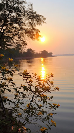 Sunset at the lake with yellow flowers in the foregroundの素材