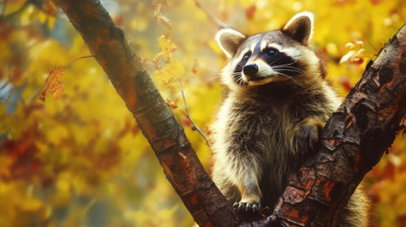Cute raccoon sitting on a tree branch in autumn forest.の素材