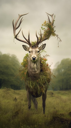 Deer with a wreath of grass on his head in the forestの素材