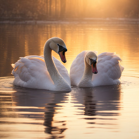 Two graceful white swans swimming on the lake at sunrise. The mute swan, Cygnus olorの素材