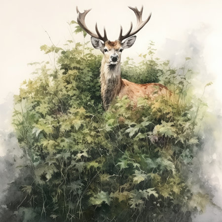 Watercolor wild deer with antlers in the forest.の素材