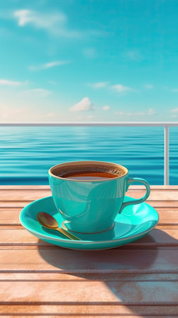Cup of coffee on the background of the sea and blue skyの素材
