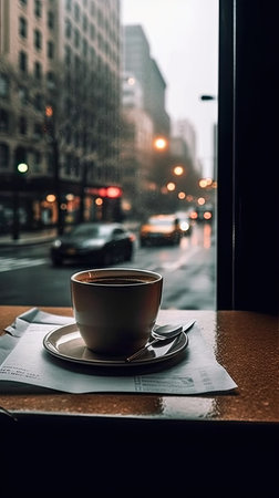 Coffee cup on the table with city view in the backgroundの素材