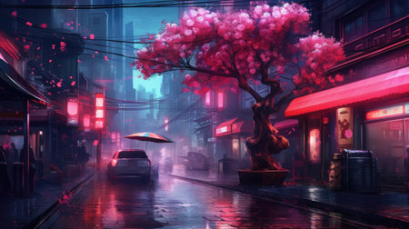 Fantasy illustration of a street with a cherry blossom tree.の素材