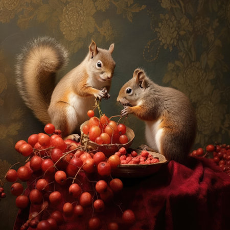 Squirrels and rowan berries on a vintage background, still lifeの素材