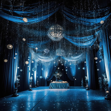 Theater stage with blue curtains and decorated with Christmas tree and ballsの素材