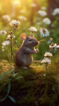 Cute little mouse in the meadow with daisies.の素材