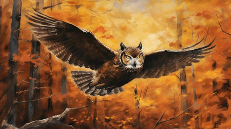 Illustration of a great horned owl flying in the autumn forestの素材