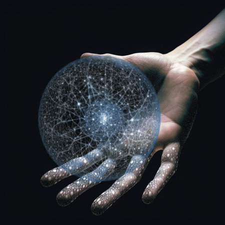 Human hand holding a glowing globe on dark backgroundの素材