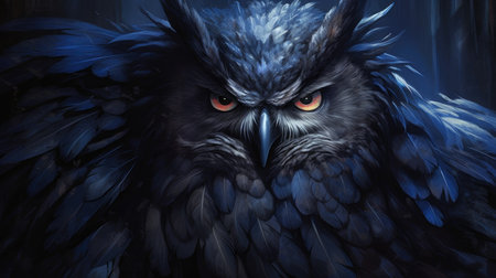 Close up of a black owl with blue eyes.の素材
