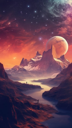 Fantasy alien planet. Mountain and lake.の素材