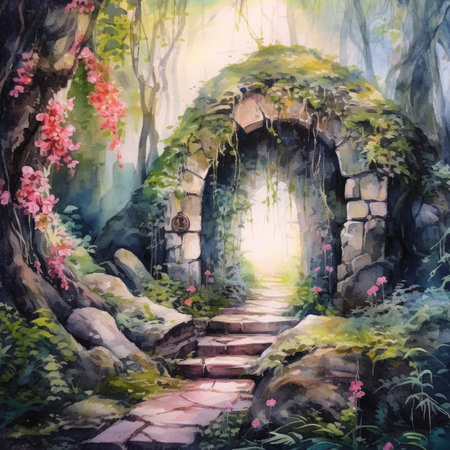 Watercolor entrance to the forest with a path leading to the door.の素材