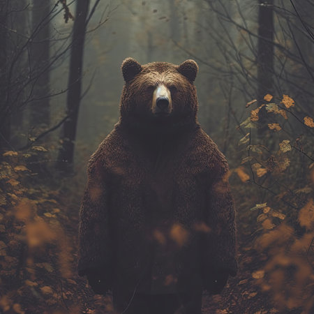 A brown bear stands in the forest. Dark forest in autumn.の素材
