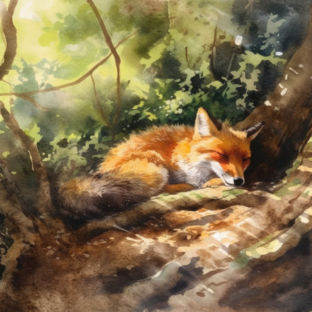 Watercolor red fox on a tree branch in the forestの素材