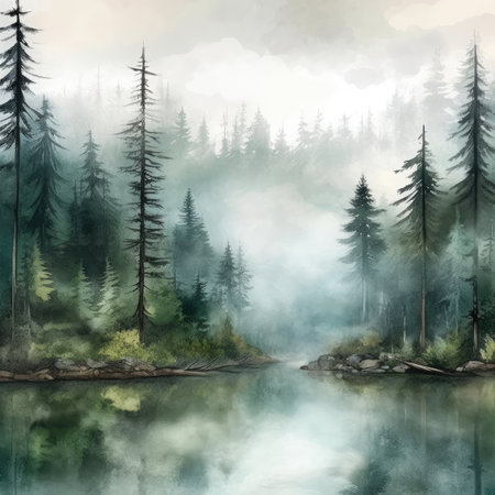 Foggy landscape with forest and lake.の素材
