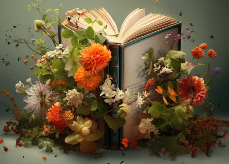bouquet of flowers and book on a blue background with copy spaceの素材