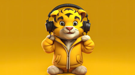 Cartoon tiger with headphones on a yellow background.の素材