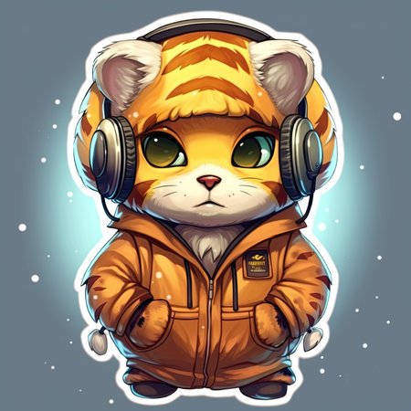 Cute tiger in a warm winter jacket and headphones.の素材