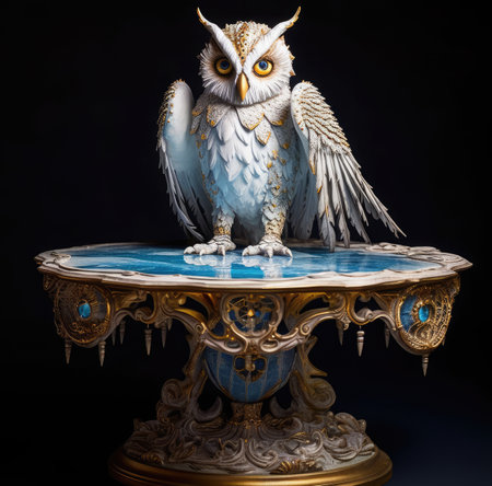 Owl sitting on a table, isolated on black background.の素材