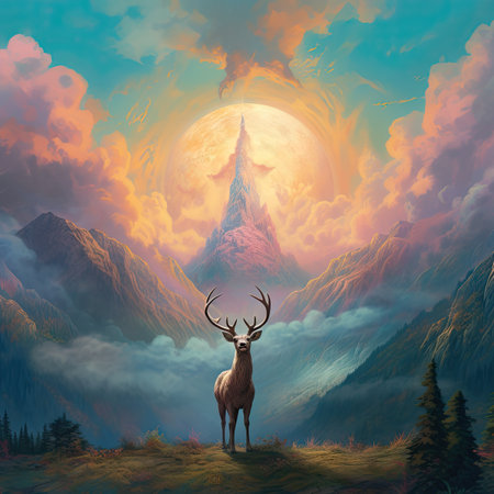 Fantasy landscape with a deer on the background of the mountain.の素材