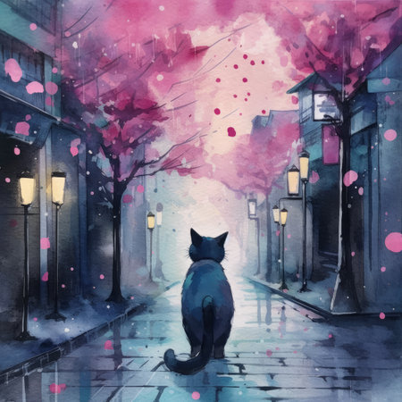 Watercolor cat sitting on the street in the cityの素材